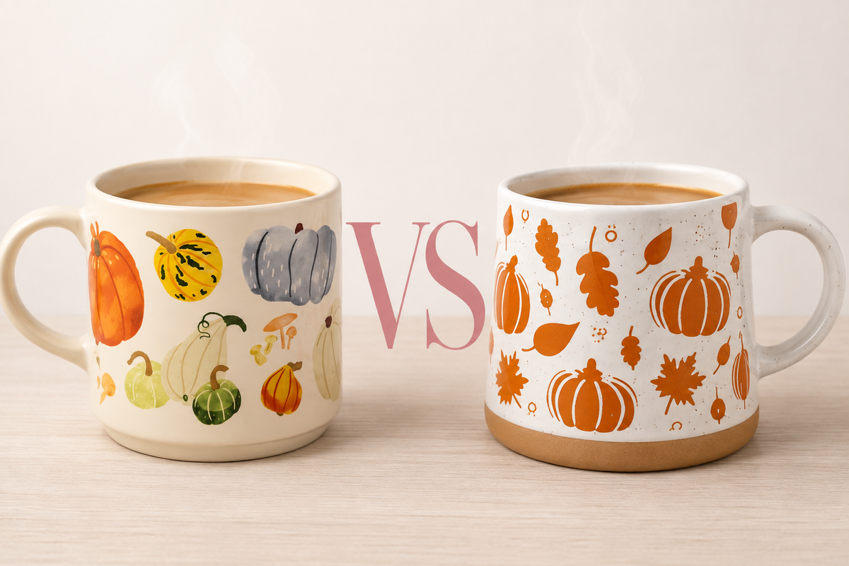 Dos tazas de café sobre una mesa, una de porcelana fina y otra de cerámica robusta, ilustrando los diferentes materiales para el desayuno.