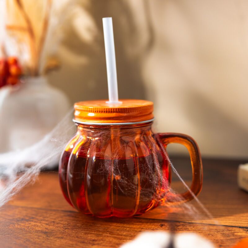 Taza calabaza de cristal con tapa y pajita